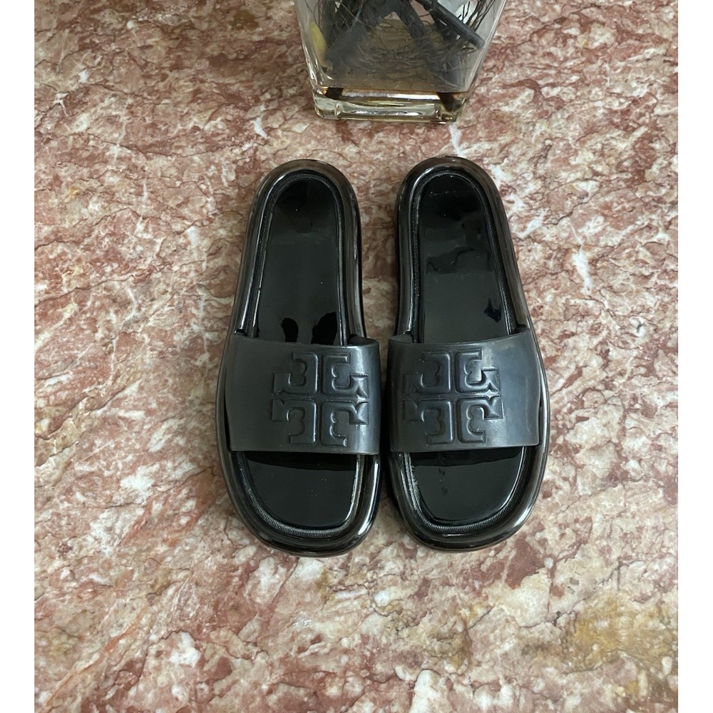 Tory Burch Bubble Jelly Slide Sandal Big Logo Waterproof Black Womens Sz 9B EUC!